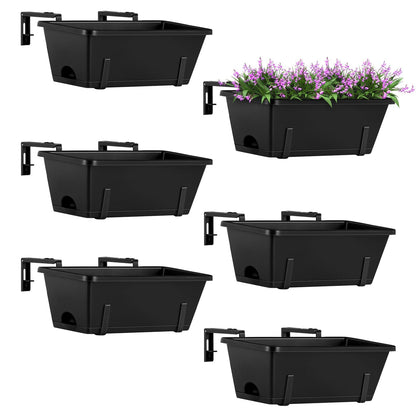 ETELI Railing Planter Hanging and Planter Box Brackets Set 6 Pack Adjustable Deck Window Boxes Planters with Drainage Holes for Garden Railing Fence, Black