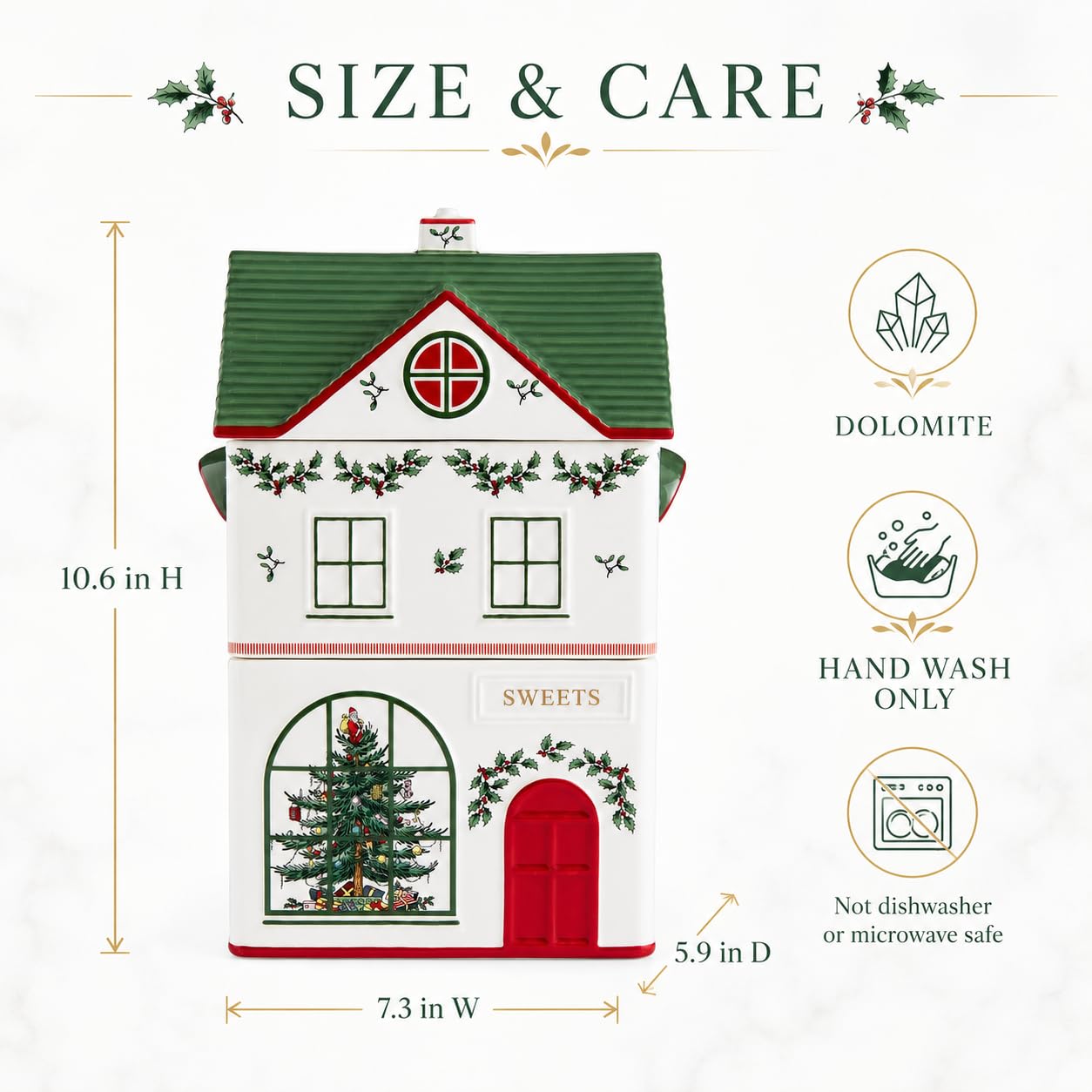 Spode Christmas Village Canister with 3 Compartments - Festive Dolomite Holiday Storage Container for Food, Cookies, Treats, Baking Ingredients- Christmas House Design - Giftable Set for Holidays