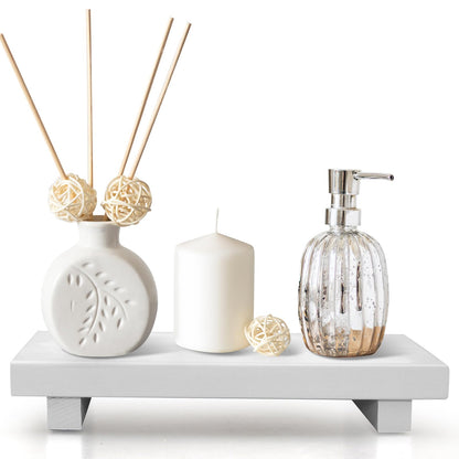 White Wooden Bathroom Tray Wood Riser Pedestal Stand Dish Soap Dispenser Holder for Kitchen Counter Bathroom Decor Decorative Kitchen Sink Countertop Trays Farmhouse Organizer Accessories Vanity Tray
