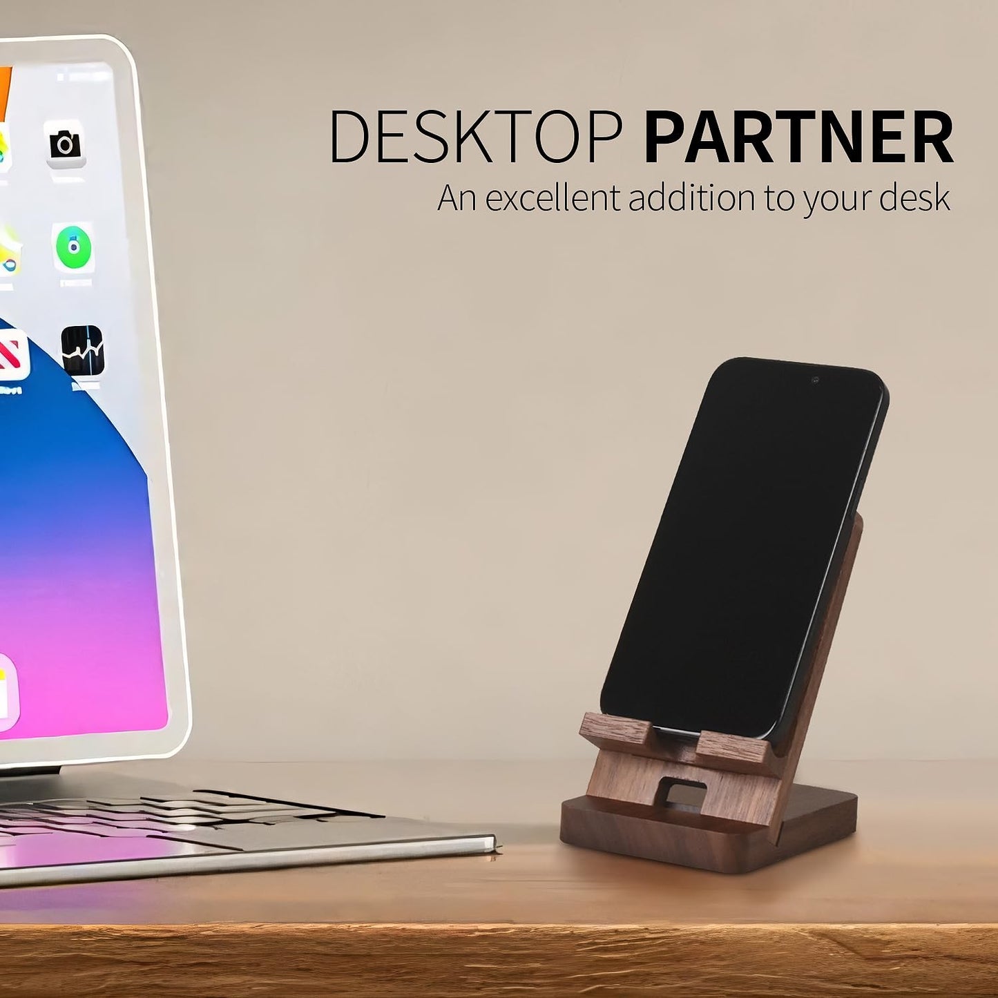 LUCKY BEAN Wood Phone Stand, Desktop Wooden Phone Holder, Portable Office Phone Stand for Desk, Wood ipad Stand， Compatible with iPhone & All Cell Phones (Walnut)