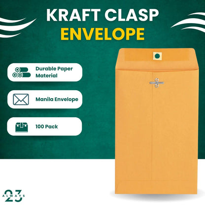 Always23 Clasp envelope, Kraft Envelope, Mailing Envelopes, Clasp Closure & Double Seal, 6 X 9, #55 Brown Kraft, 100/box