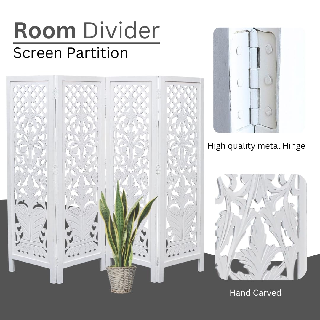 Room Divider Wood Screen Panel – White, 4-Panel Folding 64"x54", Hand-Carved, Reversible Privacy Partition, Decorative & Functional Portable Room Divider for Home or Office