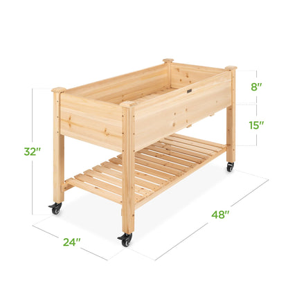 Best Choice Products Raised Garden Bed 48x24x32-inch Mobile Elevated Wood Planter w/Lockable Wheels, Storage Shelf, Protective Liner - Natural