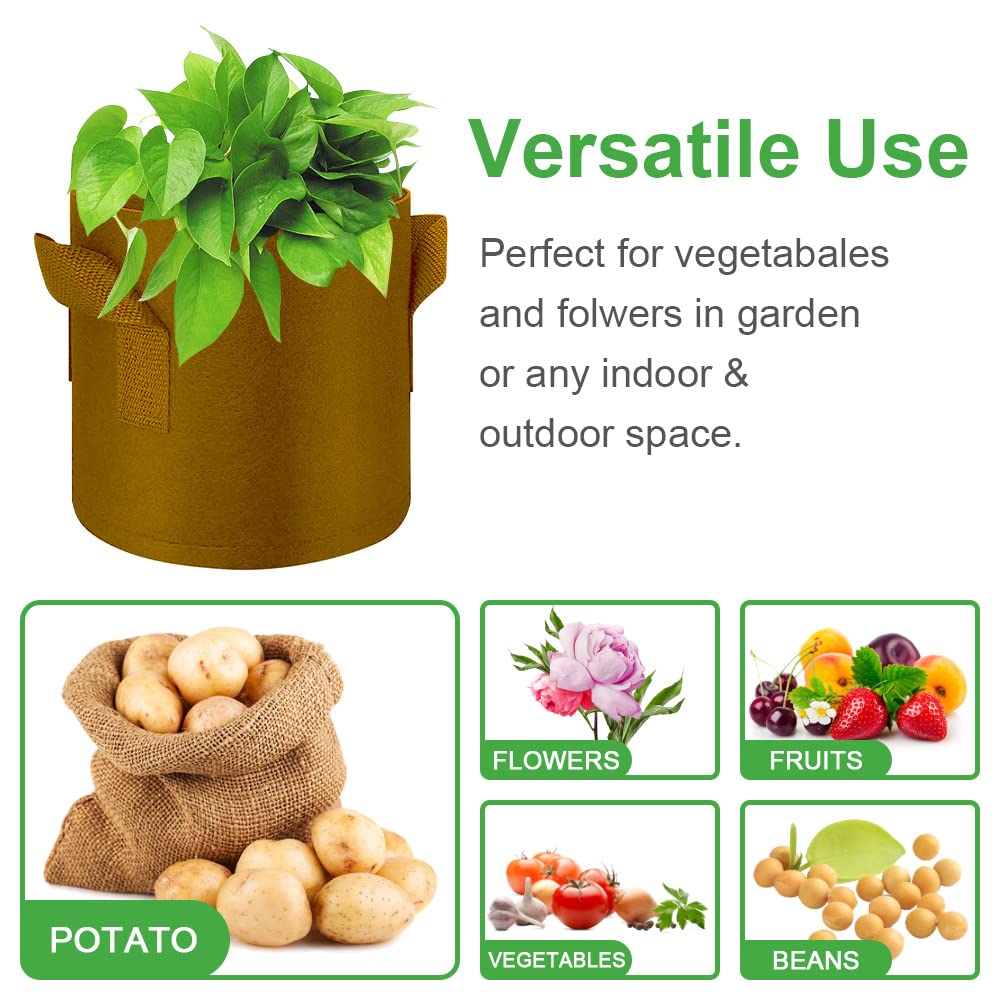 FineGearPow 5-Pack 5 Gallon Grow Bags Heavy Duty Thickened Nonwoven Fabric Pots with Handles, Plant Grow Bags for Vegetables/Flower/Plant/Fruits, Brown