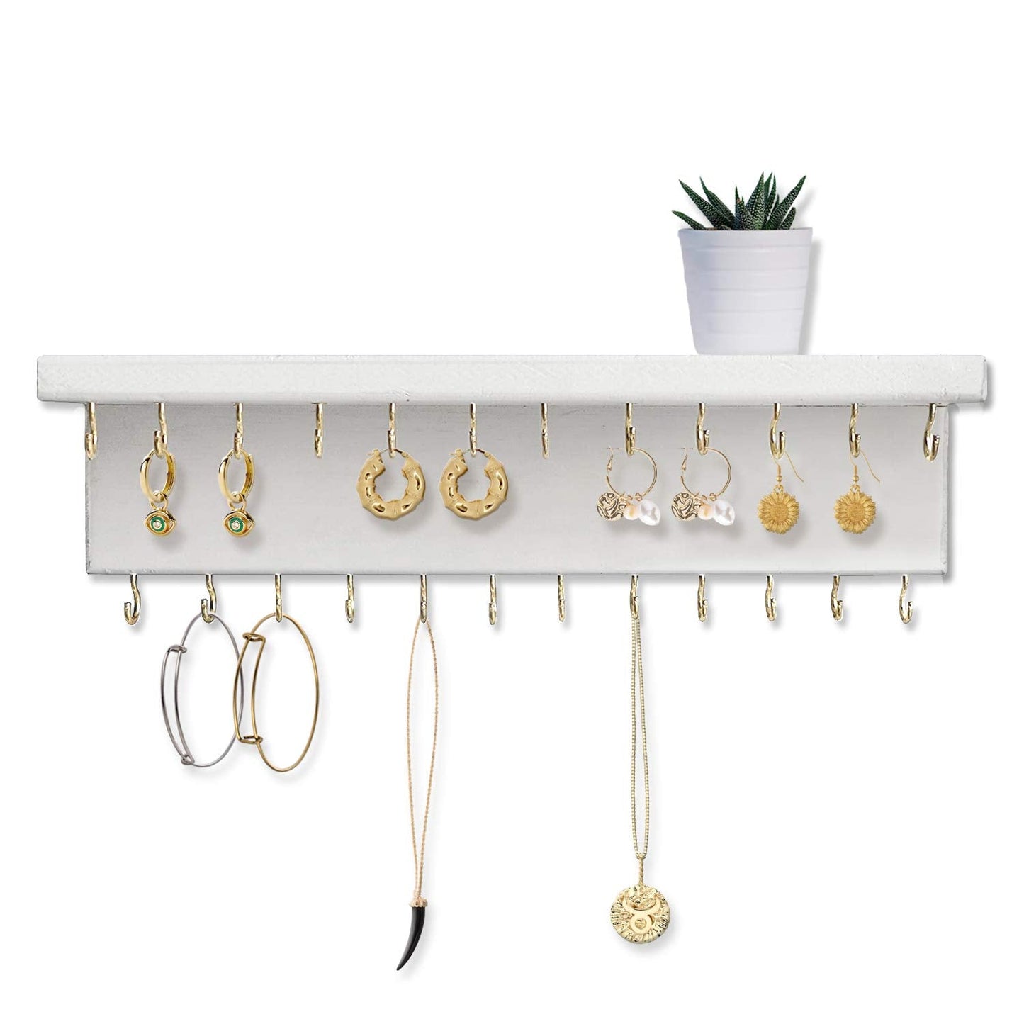 SANY DAYO HOME Jewelry Organizer with 30 Hooks and Cosmetics Shelf, 15 x 3 x 4 inches Wall Mounted Rustic Pine Wood Holder for Necklaces and Bracelets, Suitable for Kids and Adults (Retro White)