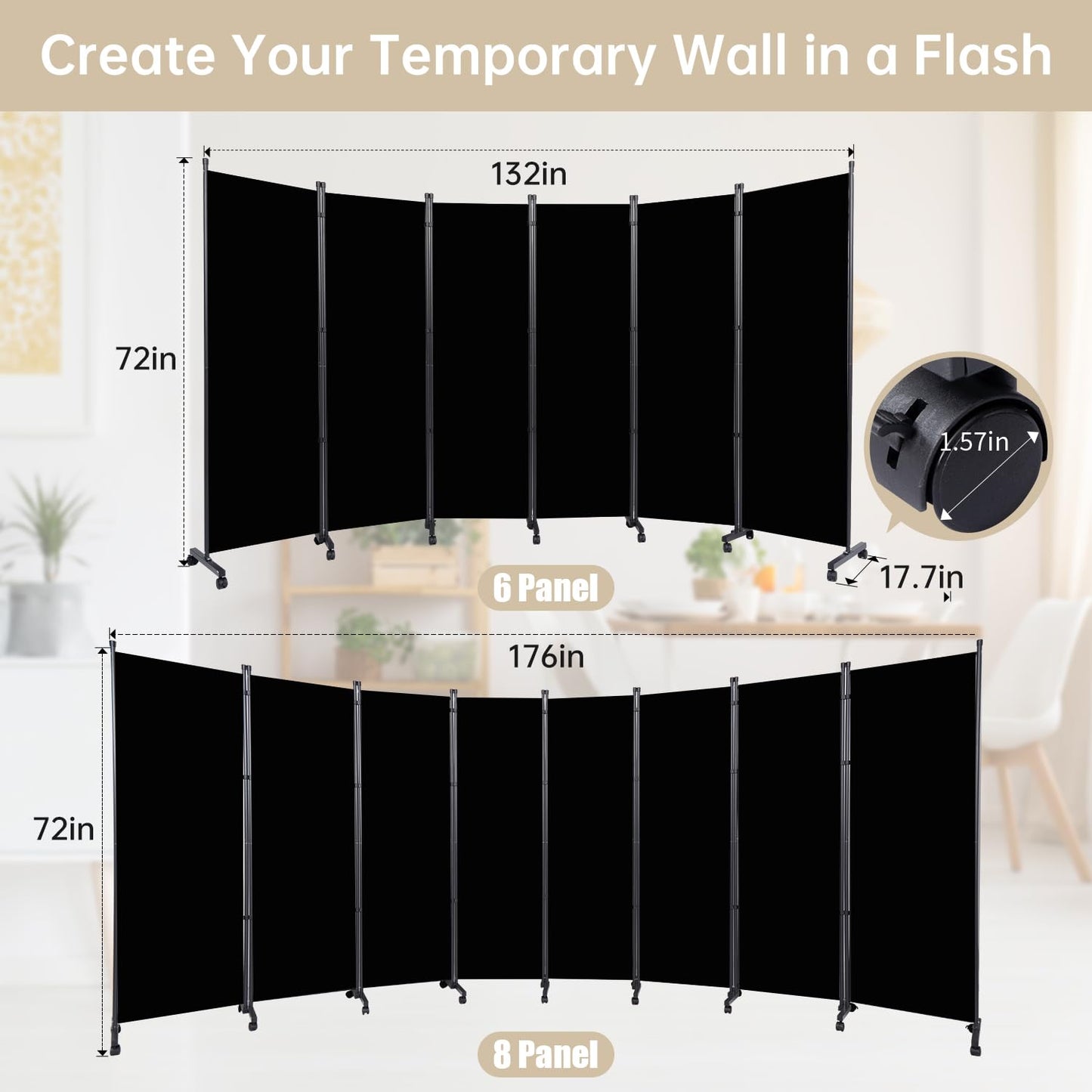Room Divider Large 6 Panel Privacy Screen,Portable Room Partition on Wheels