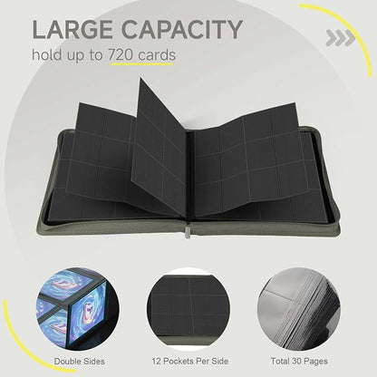Trading Card Binder with Zip,12 Pockets Card Binder,720 Double Sided Pocket Card Collection Binder,Card Album Card Folder for MTG,TCG,Sports Cards,Game Cards,Grey