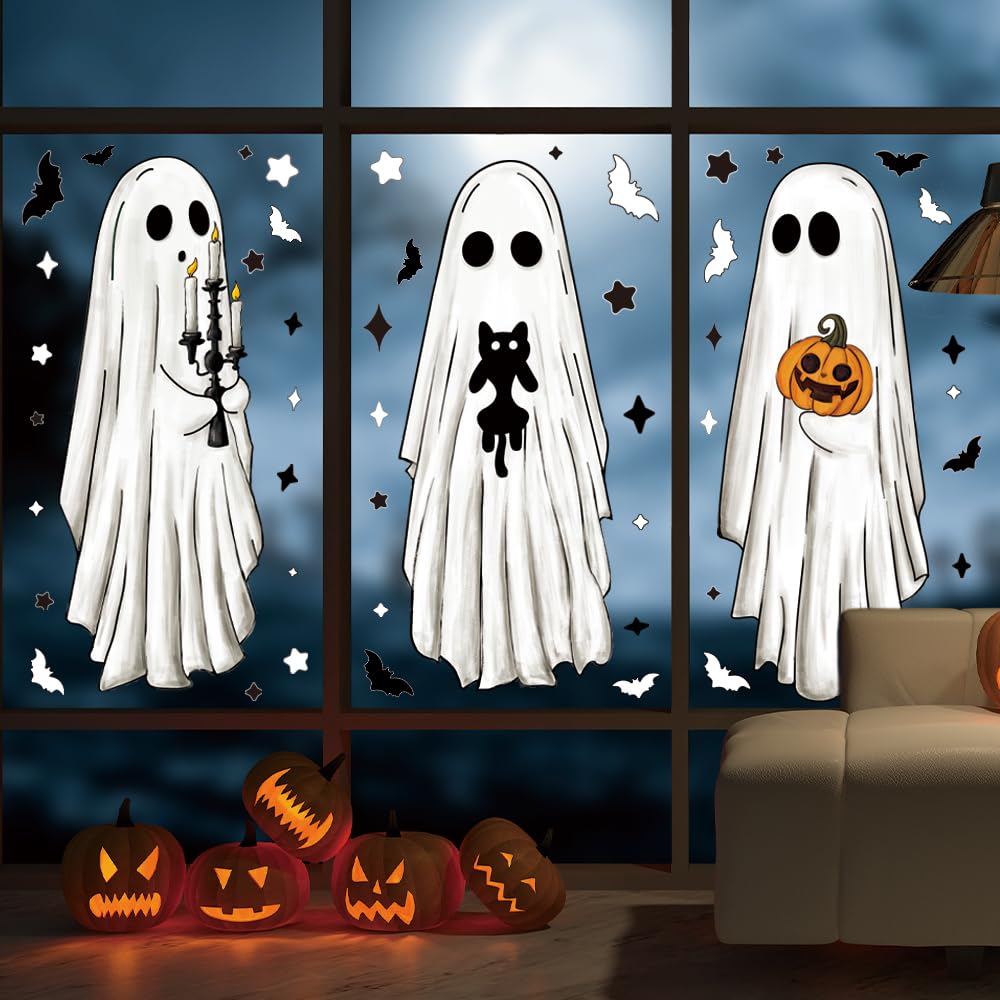 Heirloom Haven 3 Sheets Halloween Large Ghosts Window Clings,Bats Black Cat Spooky Pumpkin Window Stickers for Halloween Home Holiday Party Store Glass Decoration