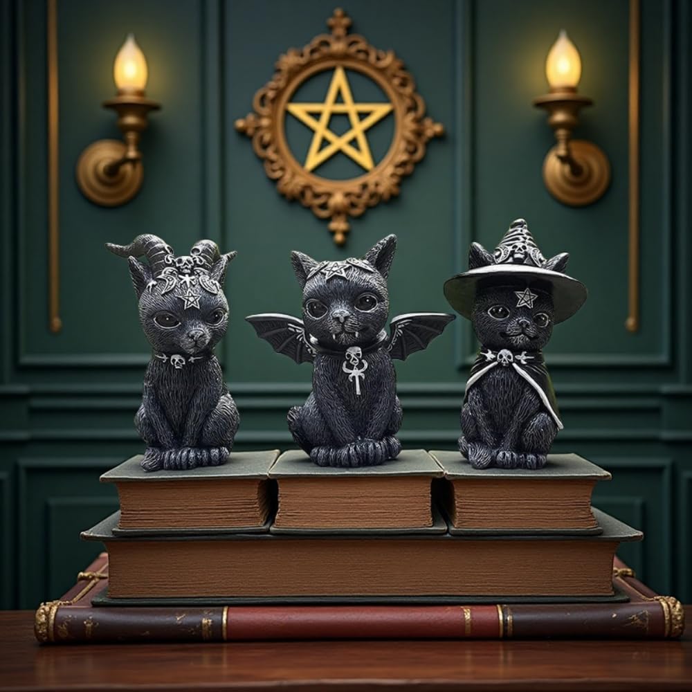Dianreno Gothic Black Cat Figurines 3-Set,Black Cat Halloween Decoration