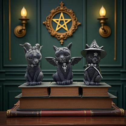 Dianreno Gothic Black Cat Figurines 3-Set,Black Cat Halloween Decoration