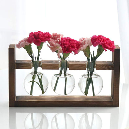 Kingbuy Glass Plant Terrarium with Retro Wood Stand – 3 Bulbs Propagation Station, Indoor Garden Planter & Bulb Vase, Desktop Decor for Home Kitchen Wedding, Gift for Women and Plant Lovers