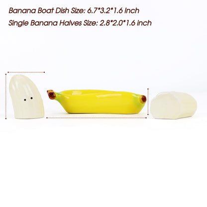 Banana Salt and Pepper Shakers Set with Banana Boat Tray – Hand-Painted Ceramic Kitchen Decor, Cute Fruit Tableware, Fun Tropical Dining Accessory, Unique Gift for Home (1 Pack)