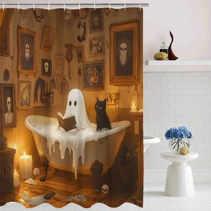 JEJOMEAG Funny Ghost Cat Shower Curtain Cute Halloween Scary Spooky Fun Orange Gothic Fabric Bathroom Decor Curtain with Hooks, 70Wx70H