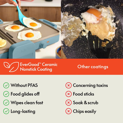 Bella 10"x 20" Ceramic Fold-n-Store Dual Temp Griddle, Fits-anywhere Kitchenware, EverGood Ceramic Nonstick Coating, 2 Temperature Zones up to 400°F, Dishwasher Safe Drip Tray, 1500 Watt, Oatmilk