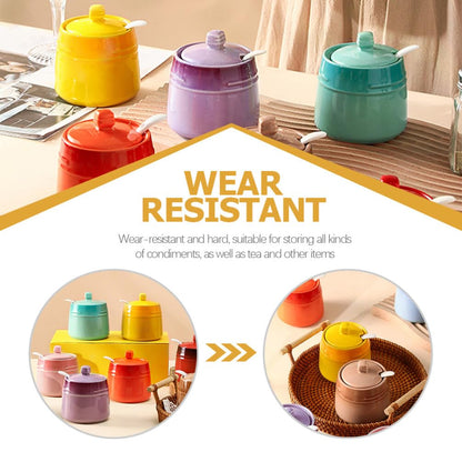 Kichvoe Ceramic Seasoning Jar with Spoon Salt Container Sugar Canister Condiment Storage Bottle for Kitchen Dining Table 3.81X3.34X2.24 Inches