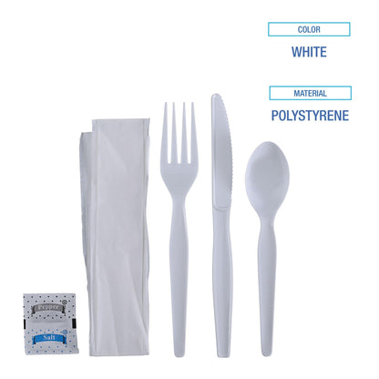 Boardwalk Six-Piece Cutlery Kit, Condiment/Fork/Knife/Napkin/Spoon, Heavyweight, White, 250/Carton