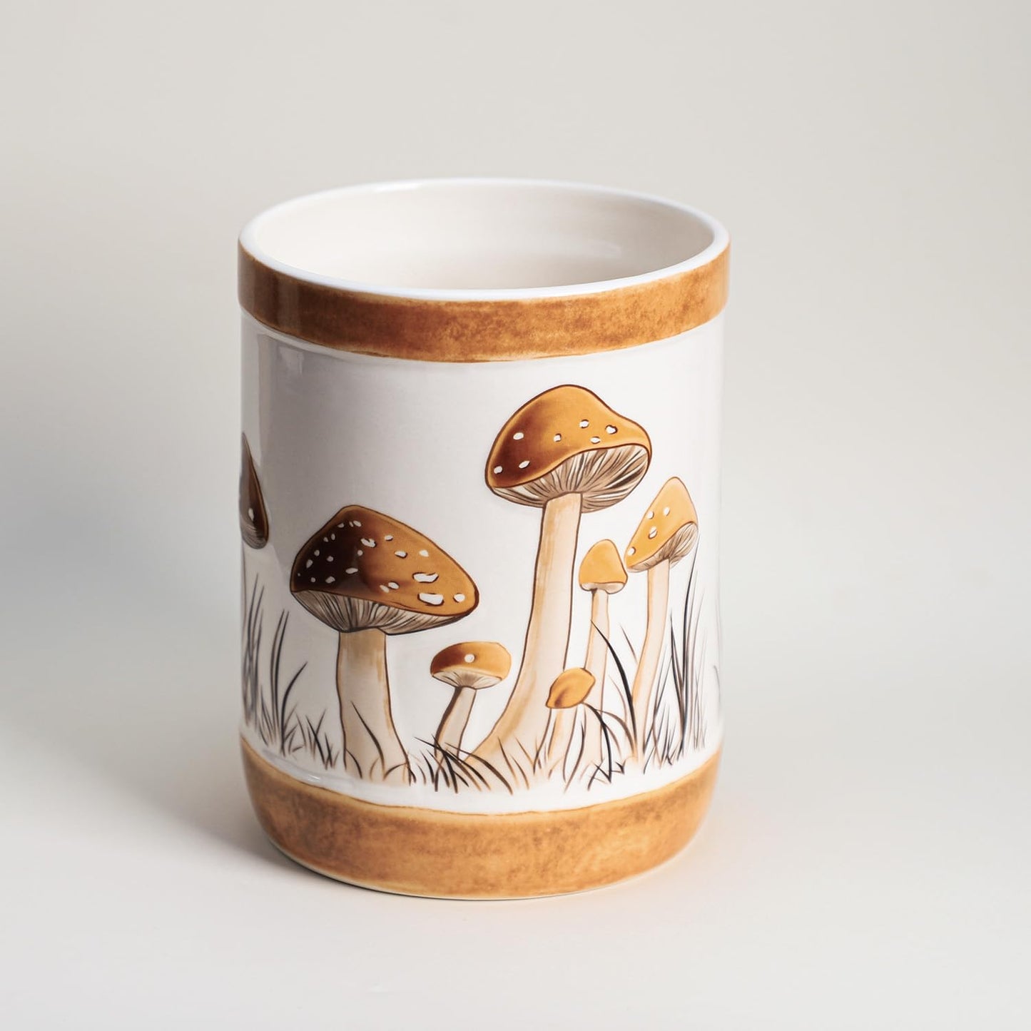 Bicuzat Brown Ceramic Mushroom Pattern Kitchen Utensil Holder, Large Cooking Utensil Crocks for Kitchen Countertop, Ceramic Utensil Organizer
