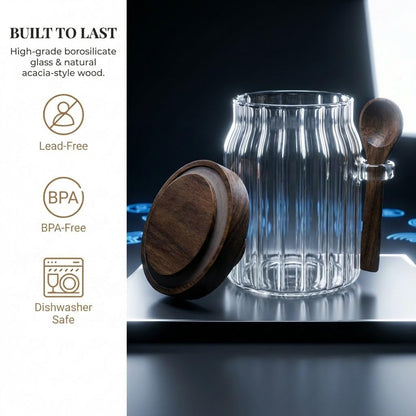 FUYIHGL® 3PCS Glass Storage Jars with Wooden Lids & Spoons – 20oz Airtight Canister Set with DIY Blank Labels – Decorative Small Containers for Coffee Bar, Bath Salts, Sugar, Spice & Overnight Oats