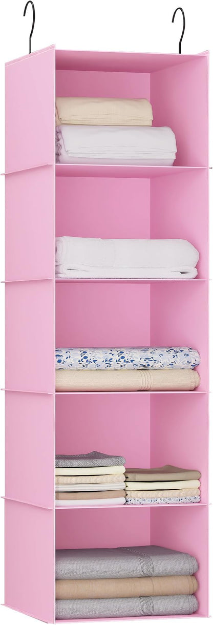 Hanging Closet Organizer 5-Shelf, Oxford Fabric Wardrobe Storage, Pink | Easy-mount foldable design holds clothes, handbags, shoes & accessories; washable Oxford fabric, sturdy and space-saving.
