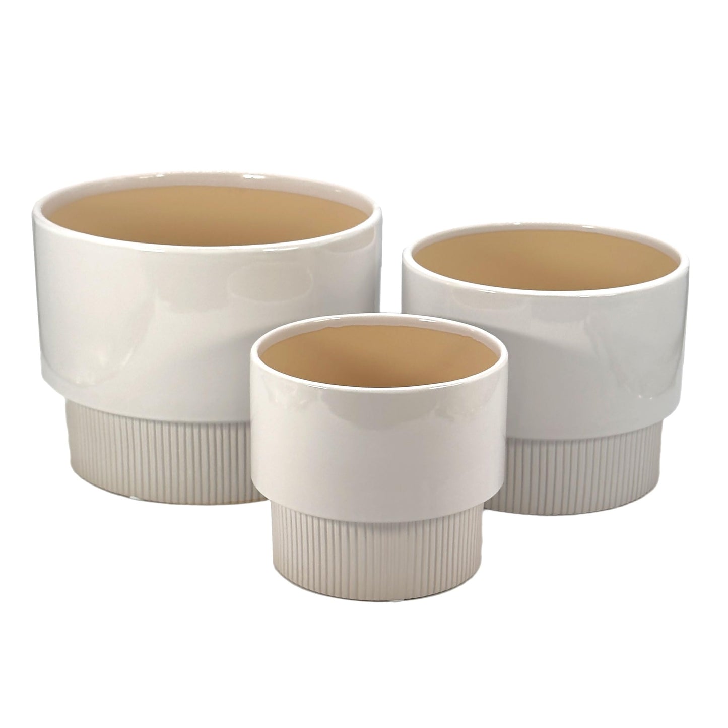 Galt International Set of 3 (8", 10", 12") Mid Century Modern Off White Flat Ribbed Ceramic Planter Pots Flower Pot Indoor House Plants Decor w/Drainage Hole & Plug