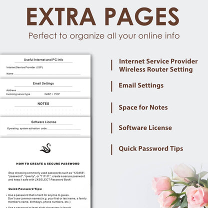 Elegant Password Book with Alphabetical Tabs - Hardcover Password Book for Internet Website Address Login - 7" x 10" Password Keeper and Organizer w/Notes Section & Back Pocket(Brown)