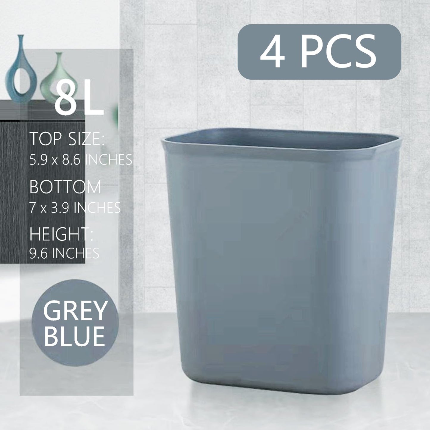 Halyuhn Small Waste Basket 4 Pack, 2 Gallon/8 L Blue Grey Garbage Can for Office, Bedroom, Bathroom and Kitchen, Office Trash Can with Snap Ring Fits Narrow Space, Plastic Trash Bin Waste Basket
