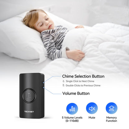 TECKNET Wireless Doorbell 1300FT, IP67 Waterproof Classroom Doorbell Battery-Powered Door Bell, 60 Chimes 5-Level Volume, Electric Doorbells No Plug-in Required for Home Classroom Teachers Warehouse