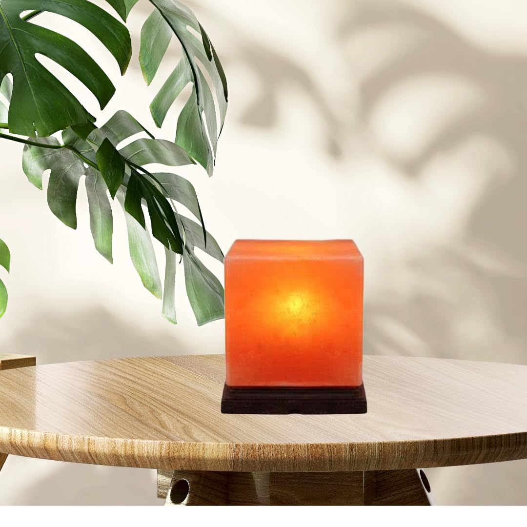 NatureBoost NB Himalayan Pink Salt Lamp 8 x 6 x 6 Inches – Cube Shape Natural Crystal Rock Salt Lamp with Dimmer Switch & Extra Bulb – Warm Amber Glow Night Light for Bedroom, Office & Living Room