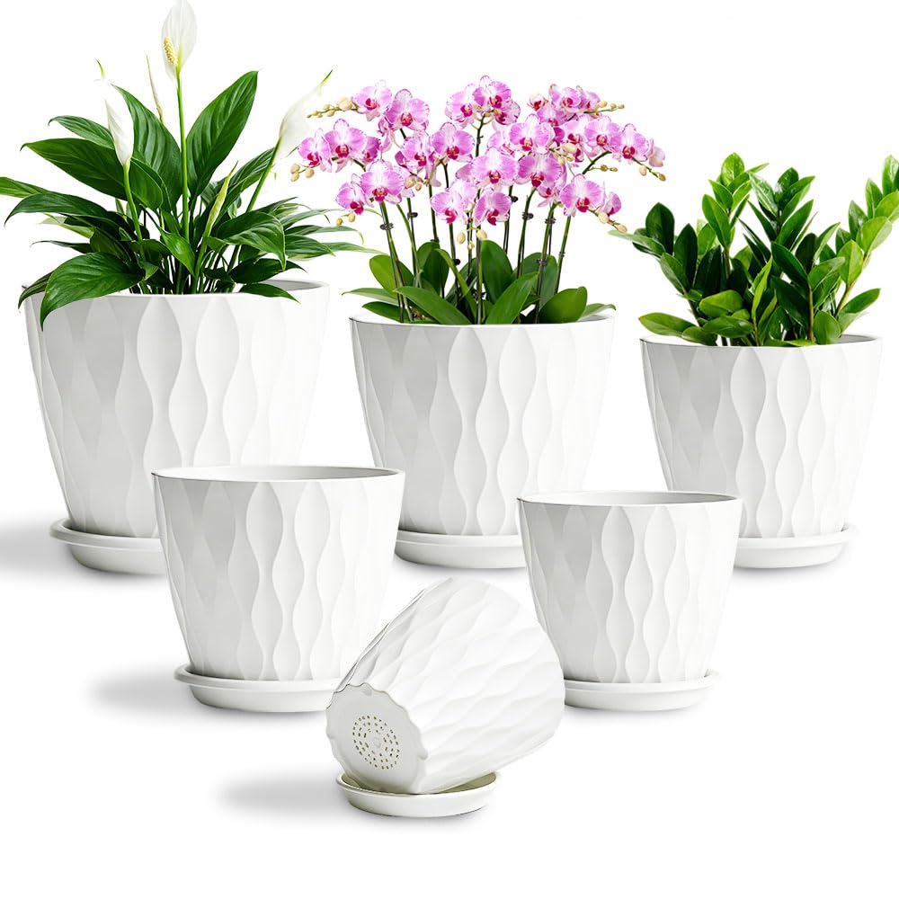 KEETUMOOD Plant Pots, Self Watering Planters with Drainage Holes and Trays, Flower Pots for Indoor Outdoor - 6 Pack(4/5/6/6.5/7/8 Inch) (White)