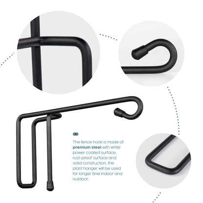 Vinazone Vinyl Fence Hooks for Hanging, Heavy Duty Patio Hangers, Outdoor Fence Hangers for Hanging Flower Baskets, Wind Chimes, Planters, Bird Feeders, Lights, Lanterns - 2 Pack - Black Color