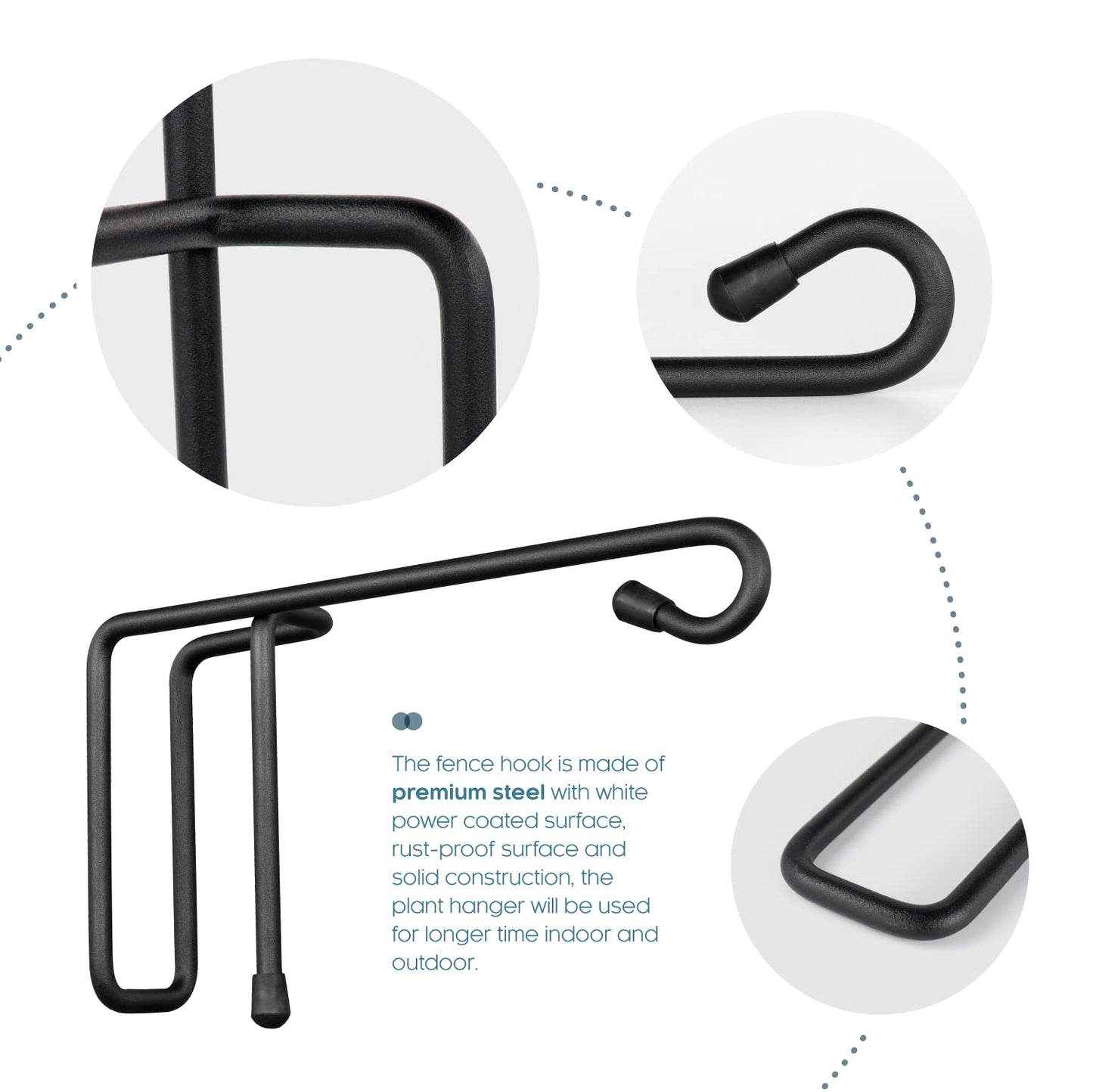 Vinazone Vinyl Fence Hooks for Hanging, Heavy Duty Patio Hangers, Outdoor Fence Hangers for Hanging Flower Baskets, Wind Chimes, Planters, Bird Feeders, Lights, Lanterns - 4 Pack - Black Color