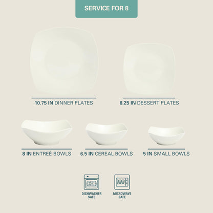 Gibson Home Brentwood 40-Piece Dinnerware Set – Square White Porcelain Plates and Bowls, Service for 8, Dishwasher & Microwave Safe, Modern Everyday Dinner Set with Cereal, Dessert, and Entrée Bowls