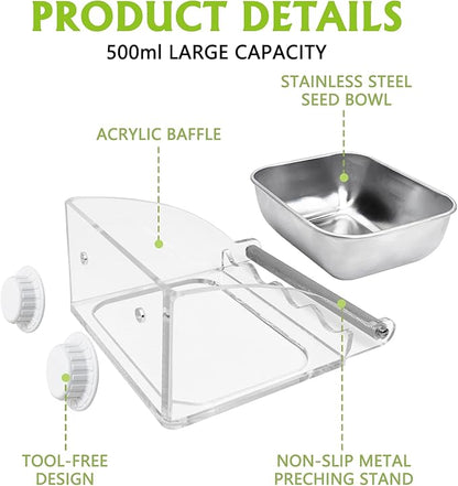 BNOSDM Bird Feeder for Cage with Stainless Steel Food & Water Bowl Acrylic Parakeet Seed Dishes with Anti-Slip Perch Stand for Parrot, Cockatiel, Lovebird, Canary, Finch,Conure,Cockatoo, Pigeon