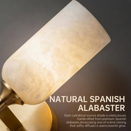 HHOCR Brass Alabaster Wall Sconces, 2 Light 14 Inch Spanish Natural Marble Wall Light, Luxury Wall Lamps for Living Room Bedroom Bathroom Hallway Staircases, G9 Bulb Included, Hardwired-1pk
