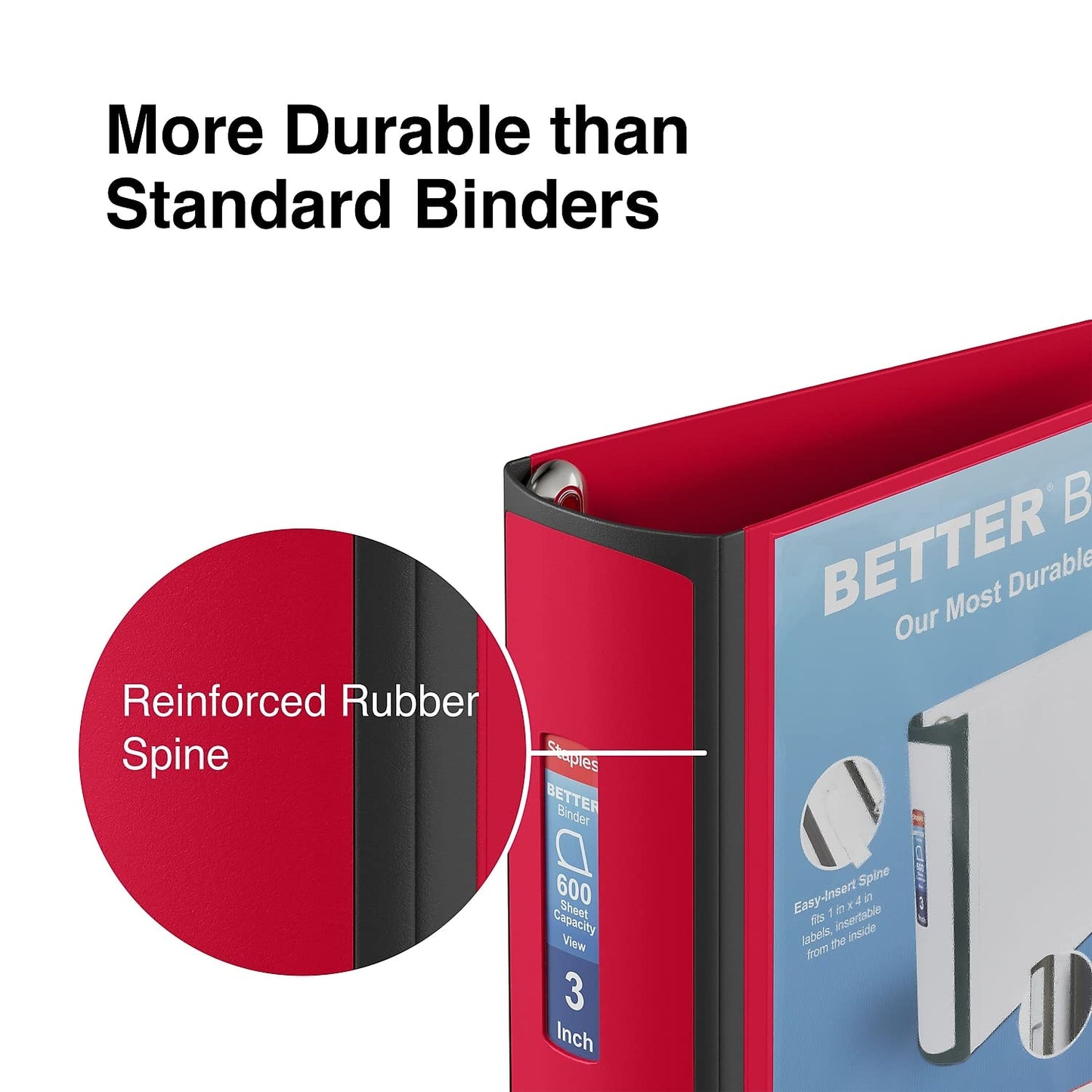 Staples Heavy-Duty 3-Inch D-Ring Binder, Red – 3-Ring Binder with Vinyl Cover, Holds Up to 600 Sheets for School & Office