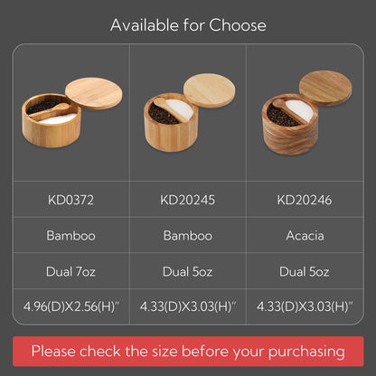 KITCHENDAO Acacia Wood Salt and Pepper Bowl Box, Built-in Spoon, Two Compartments Spice Seasoning Container, Sea Salt Cellar Holder, Magnetic Swivel Lid, Dual 5oz Capacity