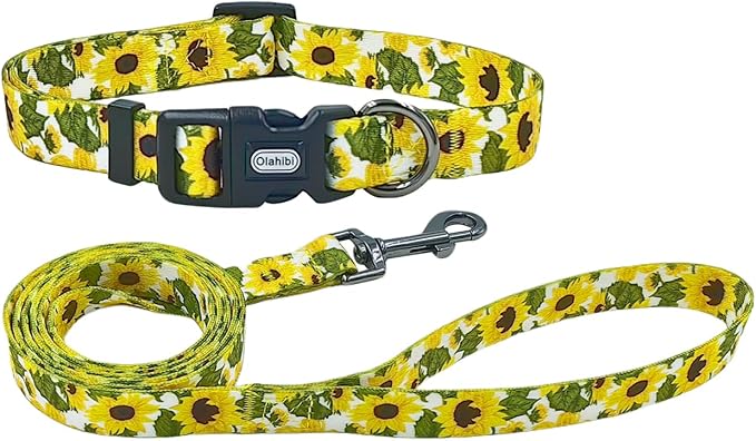 Dog Collar Leash Set, Floral Pattern, 5ft Matching Leash, Polyester Material, 4 for Small Medium Large Dogs.(XS, Sunflower)