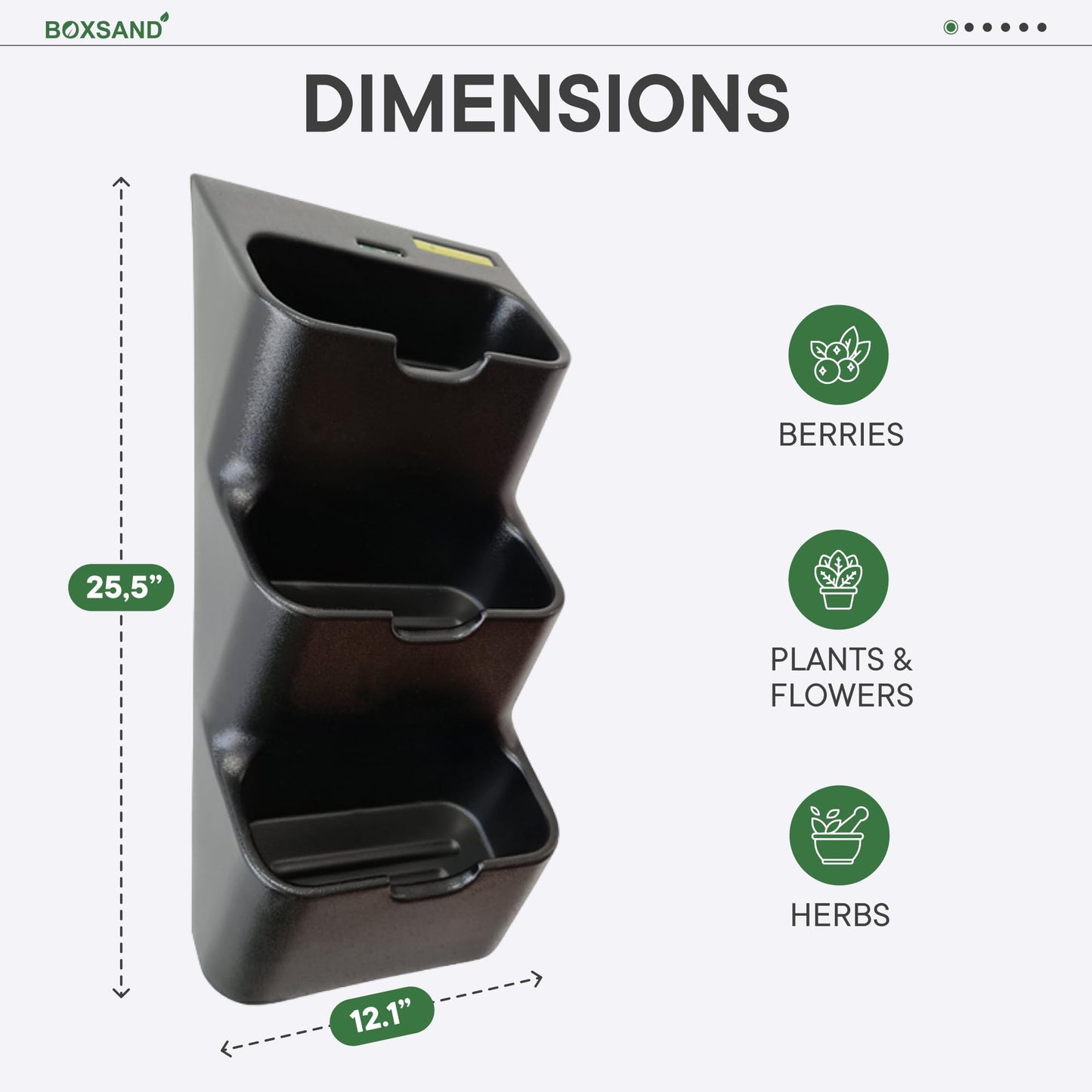 BOXSAND-6 Vertical Wall Planter (12"x26", Black with Square Pots) – Living Wall for 6 Plants, Indoor/Outdoor Vertical Garden System, Easy 2-Screw Install