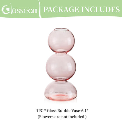 Glasseam Cute Pink Flower Vase, Unique Handmade Glass Vase for Flowers, Aesthetic Small Bud Vase Decor, Modern Ball Round Decorative Propagation Vases for Living Room Dining Table Decorations