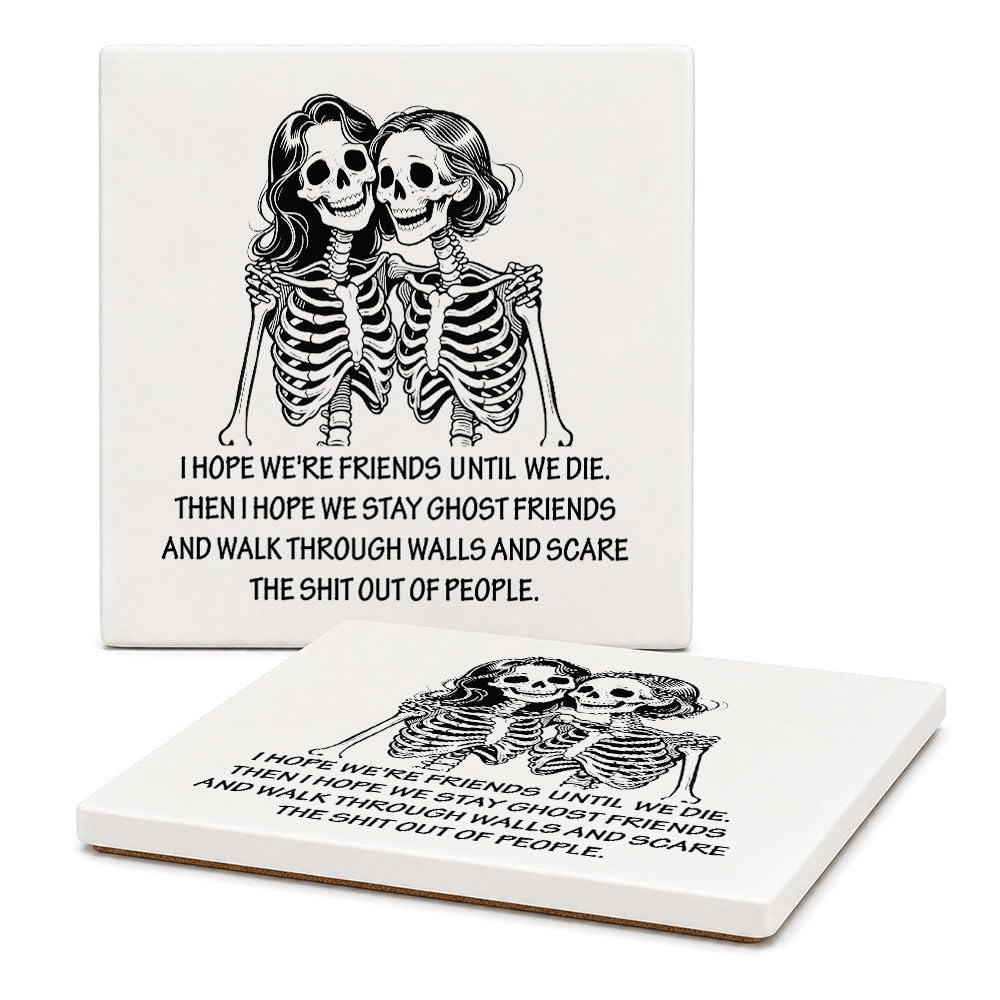 Xiahde Funny Skeleton Friends Coasters Dark Humor Gothic Ceramic Coasters Set of 2, for Women, Absorbent Stone Coasters with Cork Base Drink Coaster for Home Bar Halloween Decor