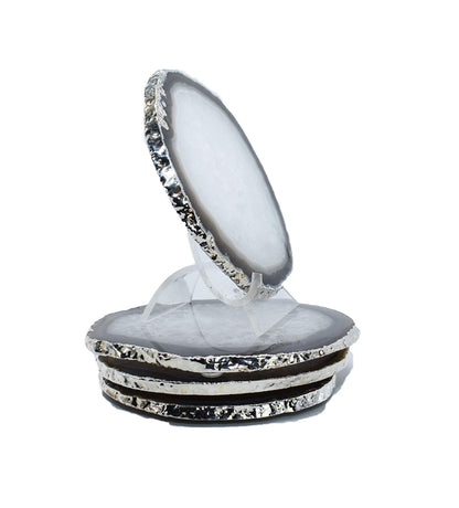 Nature's Decorations Natural Agate Stone Coasters with Real Silver Edge - Set of 4 Polished Geode Drink Mats for Dining & Coffee Table & Kitchen Decor No Dye 3.5-4" Diameter