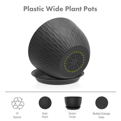 Meowell 12/10/9 inch Large Plant Pots, 3 Pack Wide Flower Pots for Outdoor Indoor Plants with Water Ripples, Big Plastic Planters with Drainage Holes and Saucers for Garden House Plants, Black