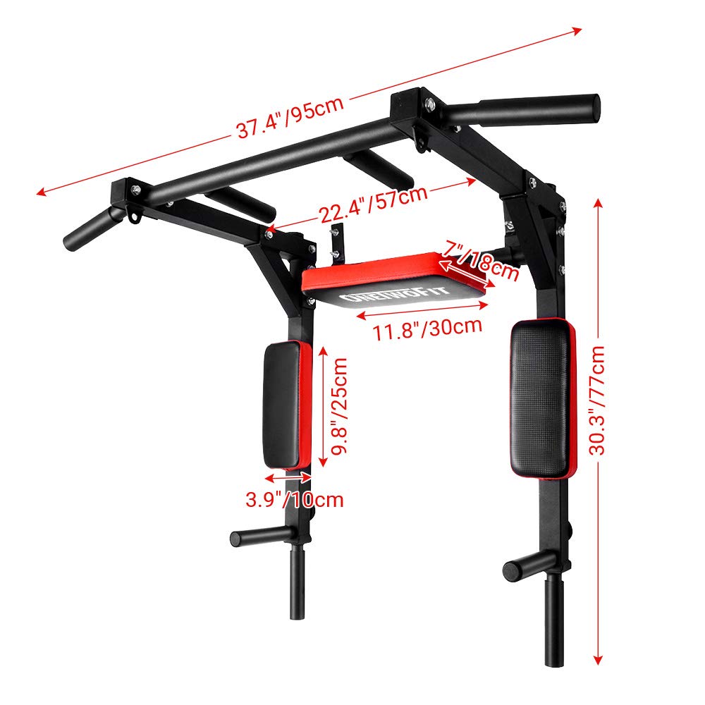 OneTwoFit Multifunctional Wall Mounted Pull Up Bar Chin Up bar Dip Station for Indoor Home Gym Workout, Power Tower Set Training Equipment Fitness Dip Stand Supports to 440 Lbs OT126