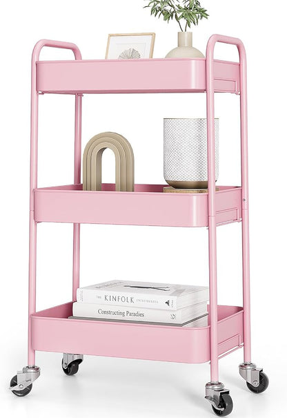 TOOLF 3-Tier Rolling Cart - Metal Utility Storage Organizer with Lockable Wheels, 33 lbs Per Shelf, Tool-Free 5-Min Assembly, for Kitchen Bathroom Office Nursery Craft Room, Pink