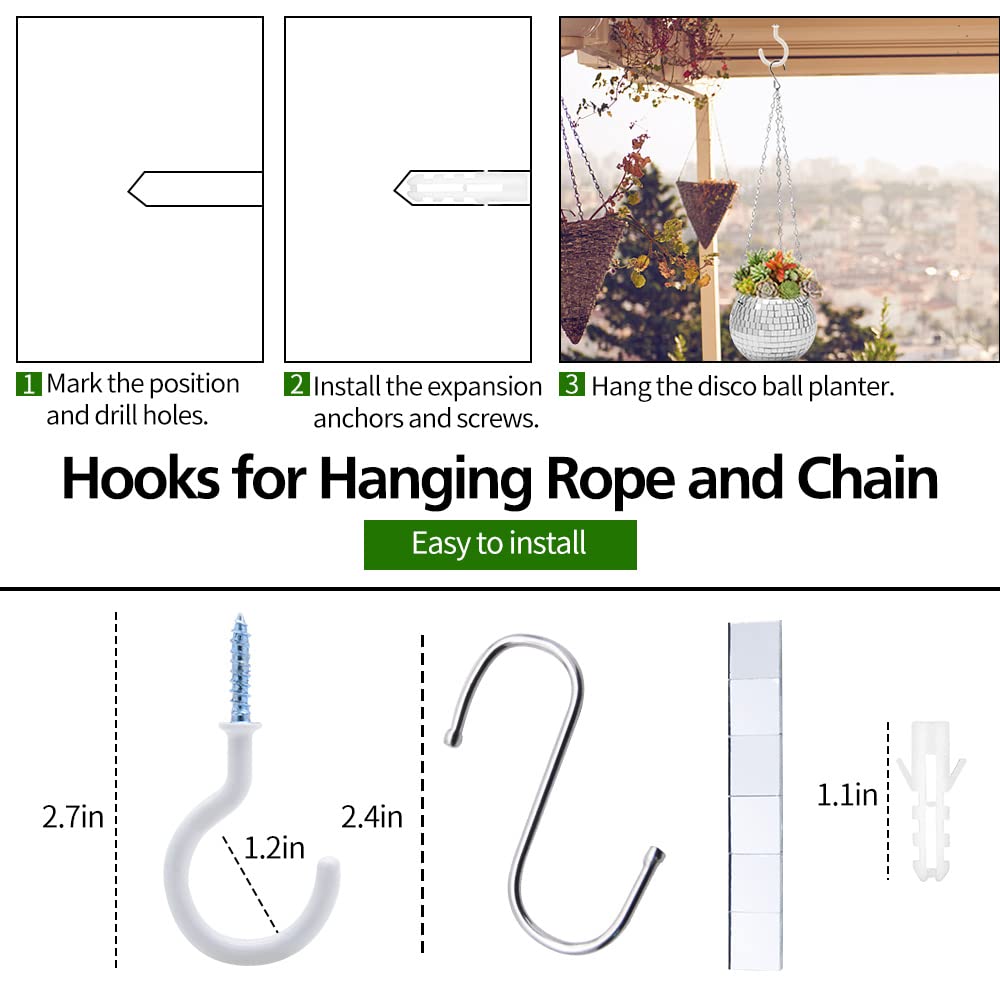 FGBNM 6" Disco Ball Planter, Disco Ball Plant Hanger with Hanging Rope, Hanging Chain, Hook, Circle and Extra Mirror Pieces