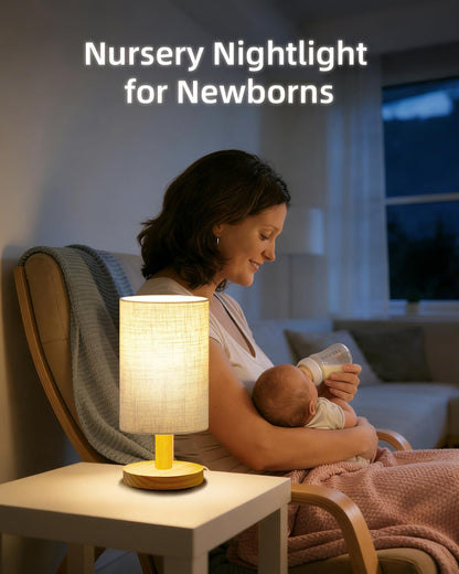 pickrelax Small Touch Table Lamp for Bedroom, Bedside Lamp for Warm Light LED Desk Lamp, Wood Base Round Flaxen Fabric Shade for Kids Room, Living Room, College Dorm, Home, Office
