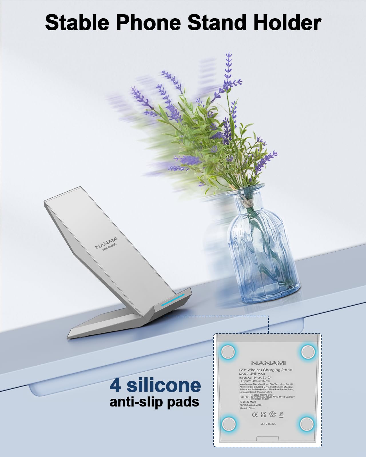 Fast Wireless Charger, NANAMI Wireless Charging Stand Compatible iPhone 17/17 Air/17 Pro/16/16 Plus/15/14/13/12, Desktop Charger Dock Phone Charging Stand for Samsung Galaxy S26/S25/S24/S23/S22/S21