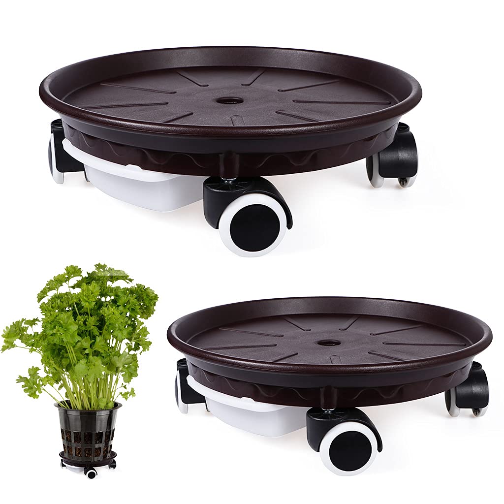 Skelang 2-Pack Plant Caddy 13.3 Inches, Plant Pallet with Water Drawer, Rolling Plant Dolly for Moving Flower Pots, Planter, Potted Plants, Load Capacity 180Lbs (Brown)
