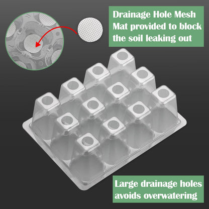 RooTrimmer 60 Pack Reusable 12-Cell Clear Seed Starter Trays - Extra Large Drainage Holes, Easy to Repotted, Clear Transparent Tray for Root Observation, Seed Starting, Fits Standard 1020 Trays