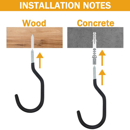 KURUI Large Heavy Duty Screw Hooks for Hanging Plants, Outdoor String Lights, Bike, 8 Pack Ceiling Hooks for Garage Organization and Storage, Black No Drill Wall Hangers